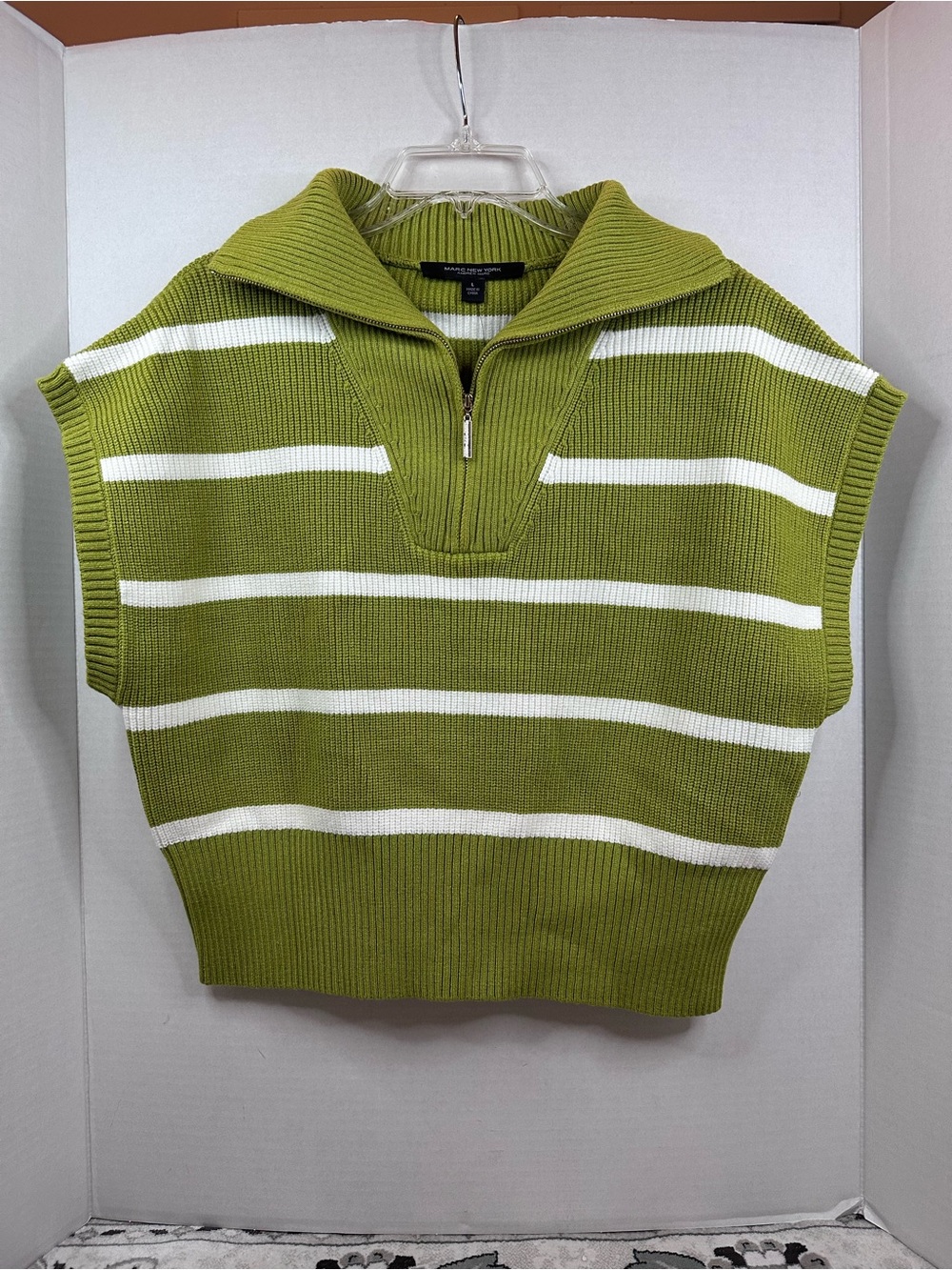 Marc New York Olive Green & White Striped Knit Zip-Collar Sweater Vest, NWT